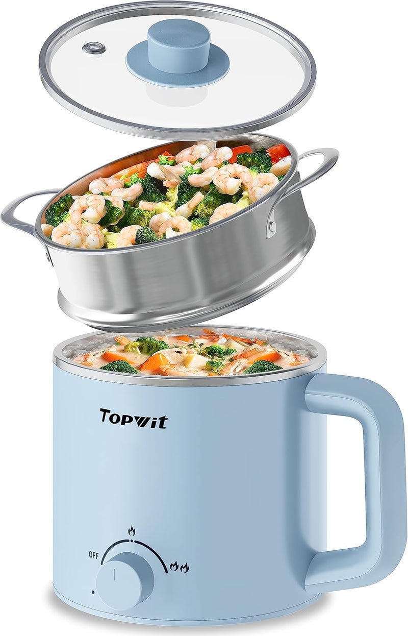 TopWit Hot Pot Electric with Steamer, 1.6L Ramen Cooker, Electric Pot for Pasta, Shabu-Shabu, Oatmeal, Soup and Egg, Portable Cooker with Dual Power Control, Dorm Room Essentials, Blue - Image 1